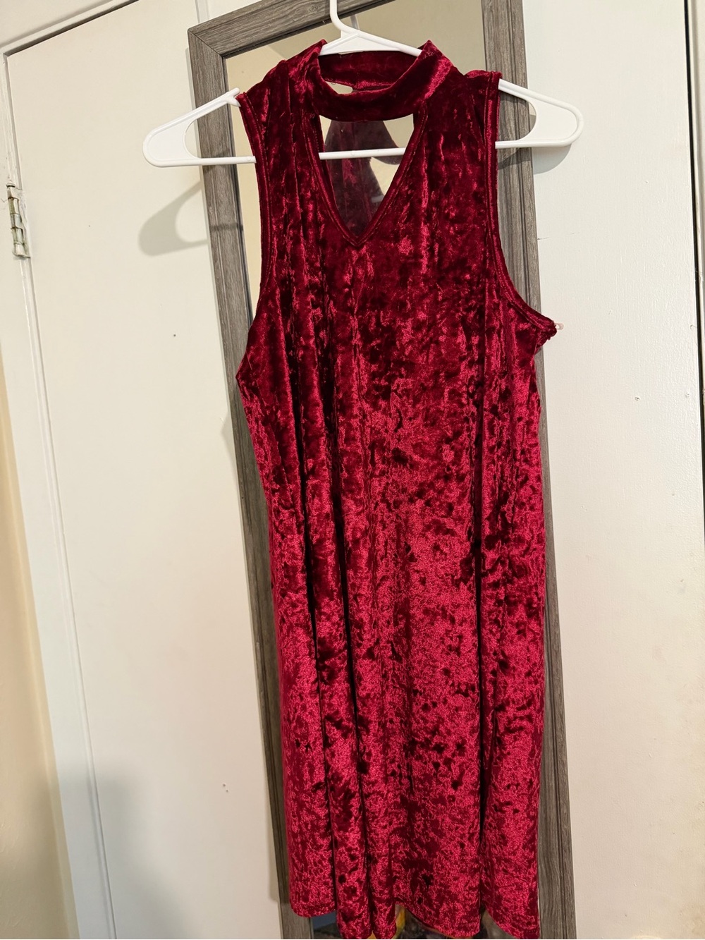 Altar'd State Red Velvet Sleeveless Midi Dress with Choker Neck